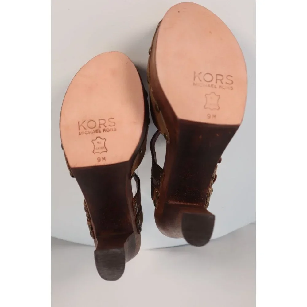 Michael Kors Brown Suede High Heel Mules with‎ Brass Studs Size 9 M